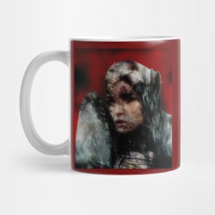 Beautiful girl, warrior with a shield, knight. Dark but beautiful. Red, yellow, gray. Mug